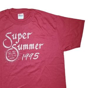 Vintage 90s Super Summer 1995 Sun Graphic T Shirt Single Stitch Maroon Large